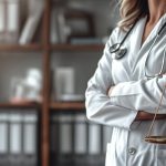 A doctor stands in an office with scales of justice in the foreground, representing the intersection of healthcare and law.