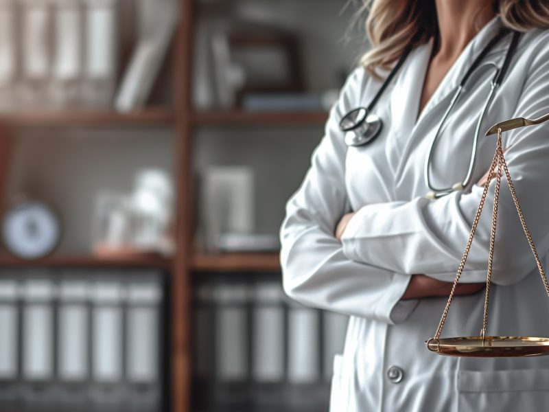 A doctor stands in an office with scales of justice in the foreground, representing the intersection of healthcare and law.